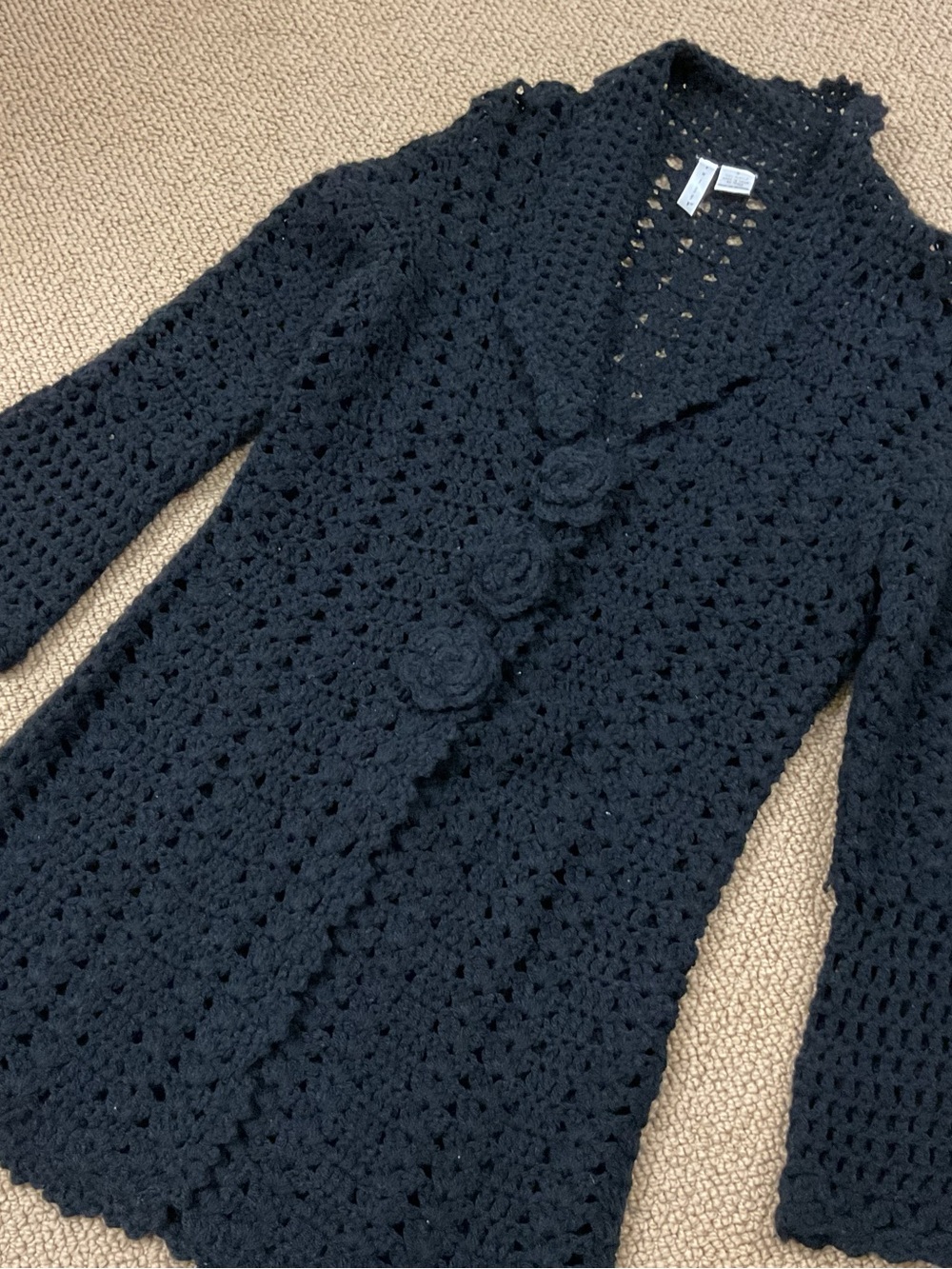 Crochet VINTAGE Floral-Button Black Women's Cardigan Sweater